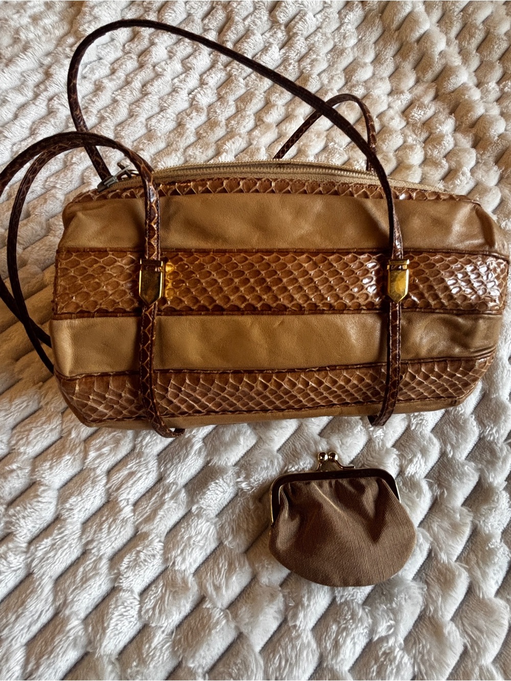Judith Leiber Vintage Snakeskin Leather Barrel shoulder Bag + Coin Purse
